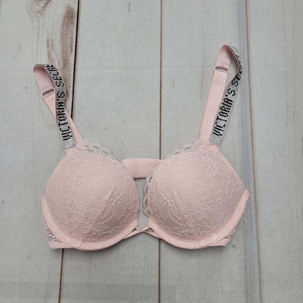 Victoria's Secret very sexy shine rhinestone pink lace bombshell push up bra 32B